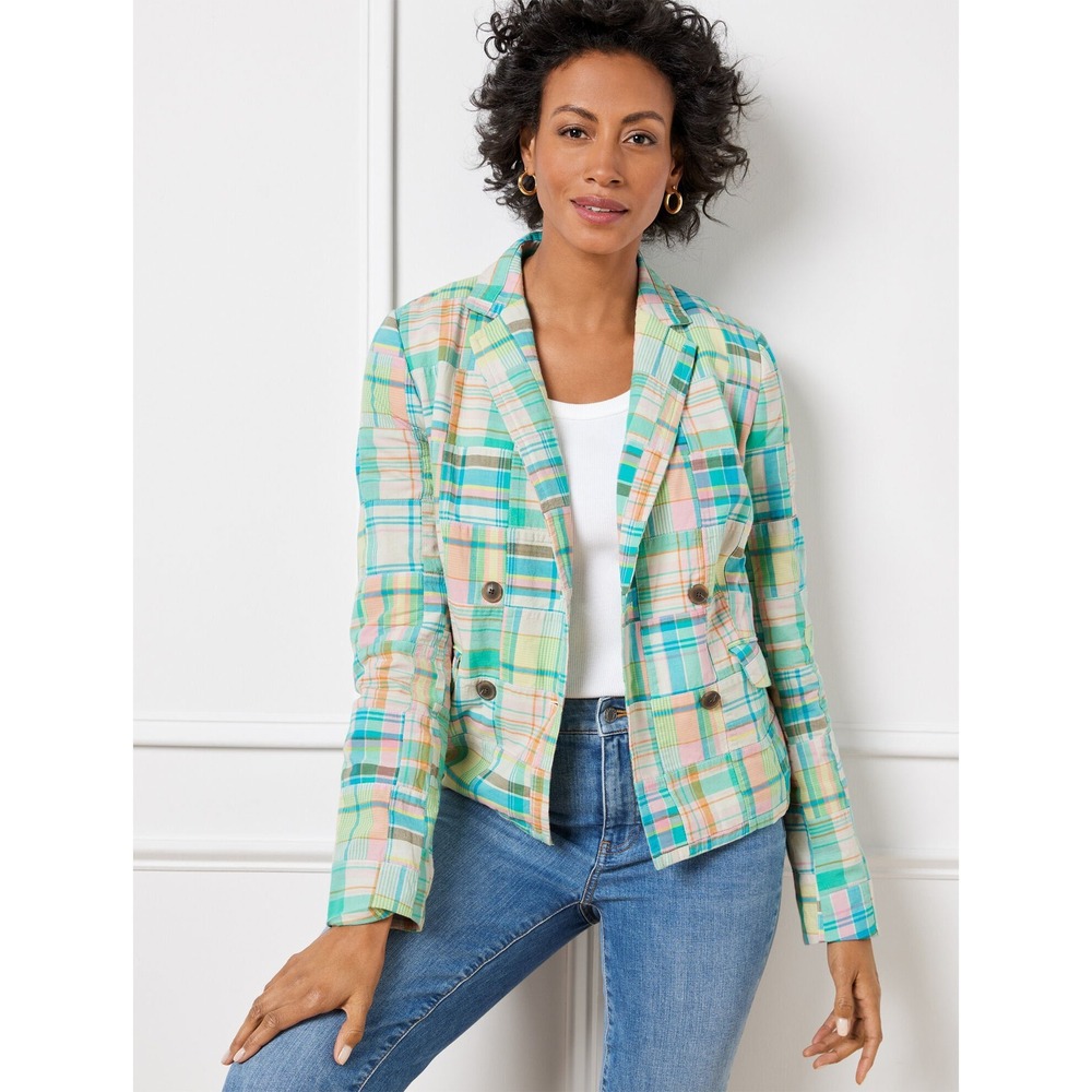 Talbots Madras Patchwork Plaid Cotton Double Breasted Blazer Jacket Size 14
